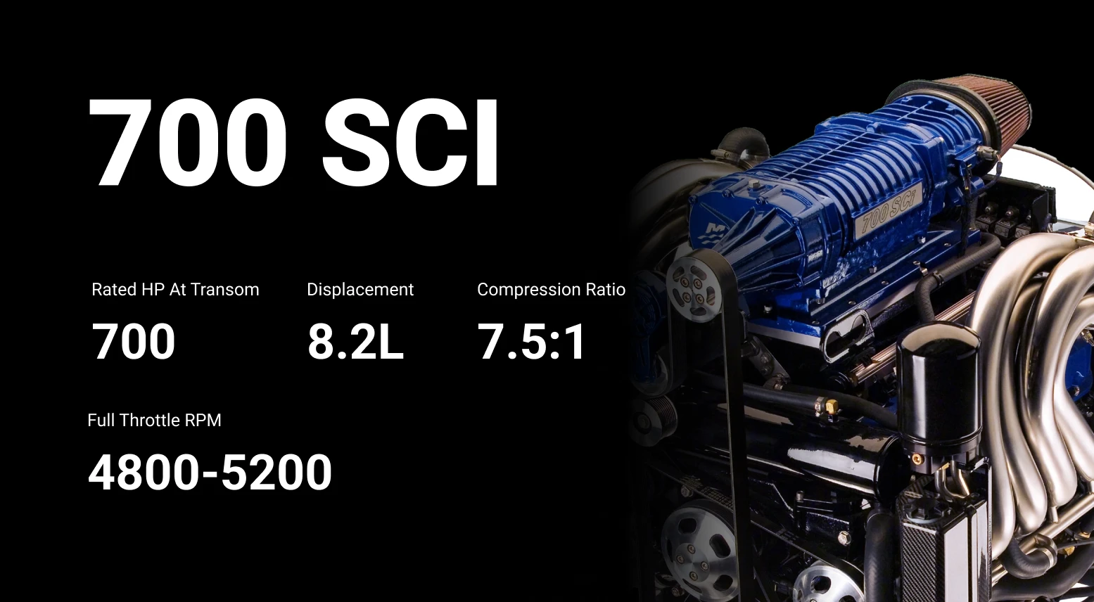 700 SCI marine engine with specifications: 700 HP at transom, 8.2L displacement, 7.5:1 compression ratio, and full throttle RPM range of 4800-5200, showcasing DCB Performance Marine's high-performance boat components.