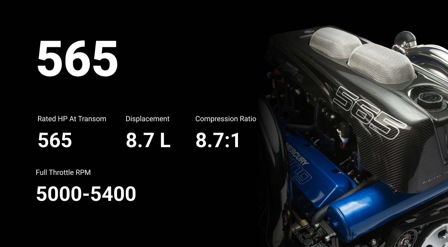 High-performance marine engine specifications featuring 565 HP at transom, 8.7 L displacement, and 8.7:1 compression ratio, highlighted against a black background.