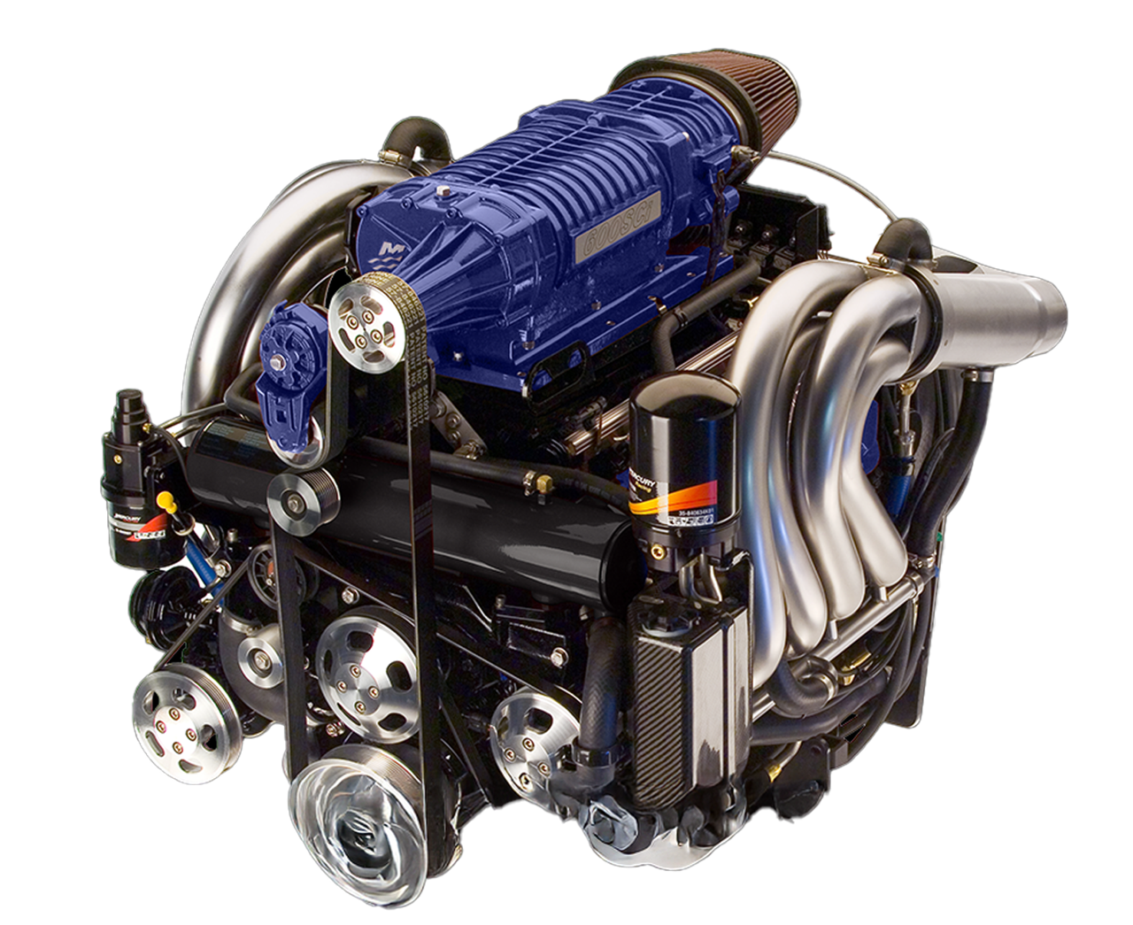 High-performance Mercury Racing engine showcasing advanced engineering and design, featuring supercharger, polished exhaust headers, and precision components, optimized for DCB M31 Widebody supercat performance.