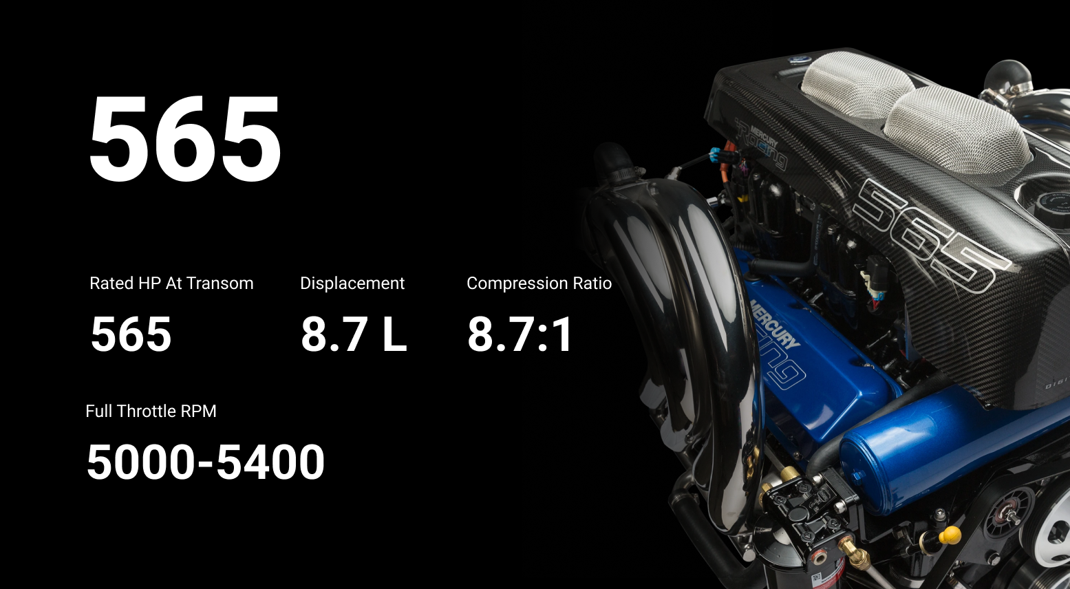 Mercury Racing 565 engine specifications showcasing rated horsepower, displacement, and compression ratio in a sleek, high-performance marine setting.