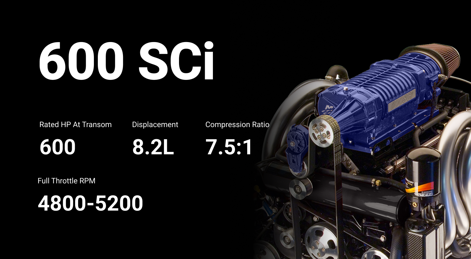 600 SCI engine specifications featuring 600 HP, 8.2L displacement, and 7.5:1 compression ratio, highlighting performance features relevant to the DCB M31 Widebody supercat.